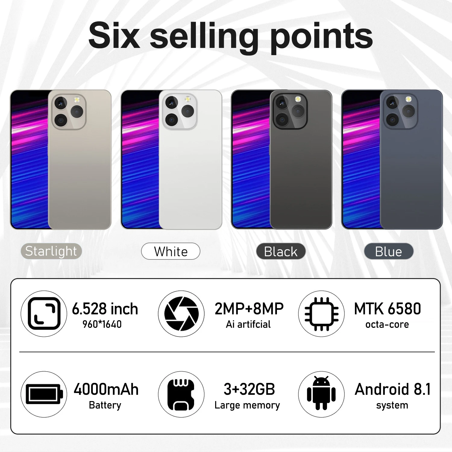 Note 13 Pro Mobile phone,6.53 inch,3+32GB ROM,4000mAh,Smartphone Android,Google Play Store,Dual SIM,2+8MP Camera,Cellphones