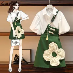 Women Shirts Dress Sets Solid 3D Puff Short Sleeve Strap Retro Kawaii Design Trendy Elegant Summer New All-match Preppy Ulzzang