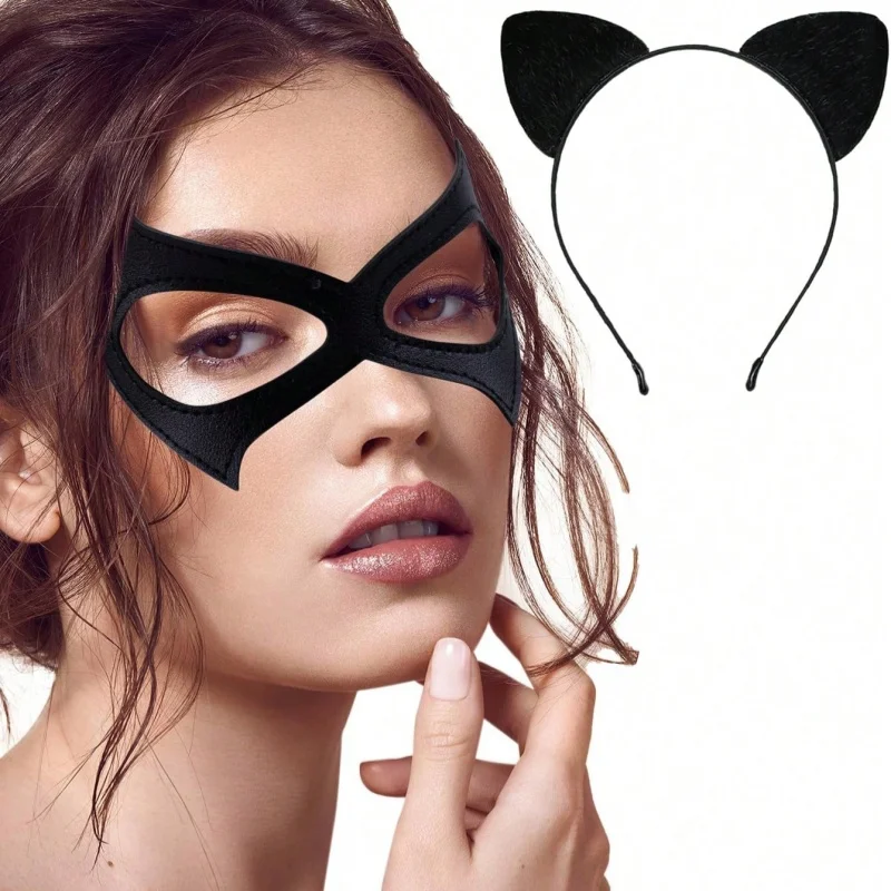 Halloween Cat Ear Headband & Eye Mask Set, Black Catwoman Cosplay Costume Accessory, Adult Themed Party Dress‑up Hair Hoop Mask