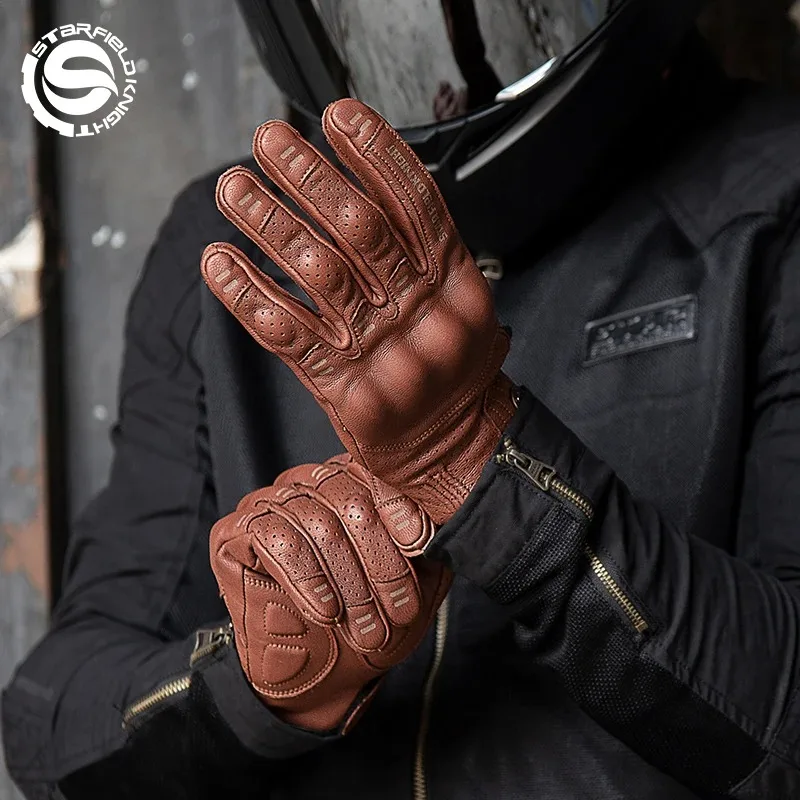 

SFK Genuine Goatskin Retro Motorcycle Gloves Full Finger Leather Motocross Gloves Breathable Holes Motorbike Gloves Touchscreen