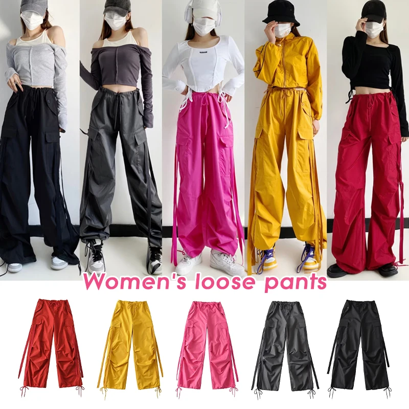 Women Drawstring Pants Dance Street Overalls Y2K Cargo Pants Woman Personality Multi-pocket Sashes Belt Trousers Wide Leg Pants