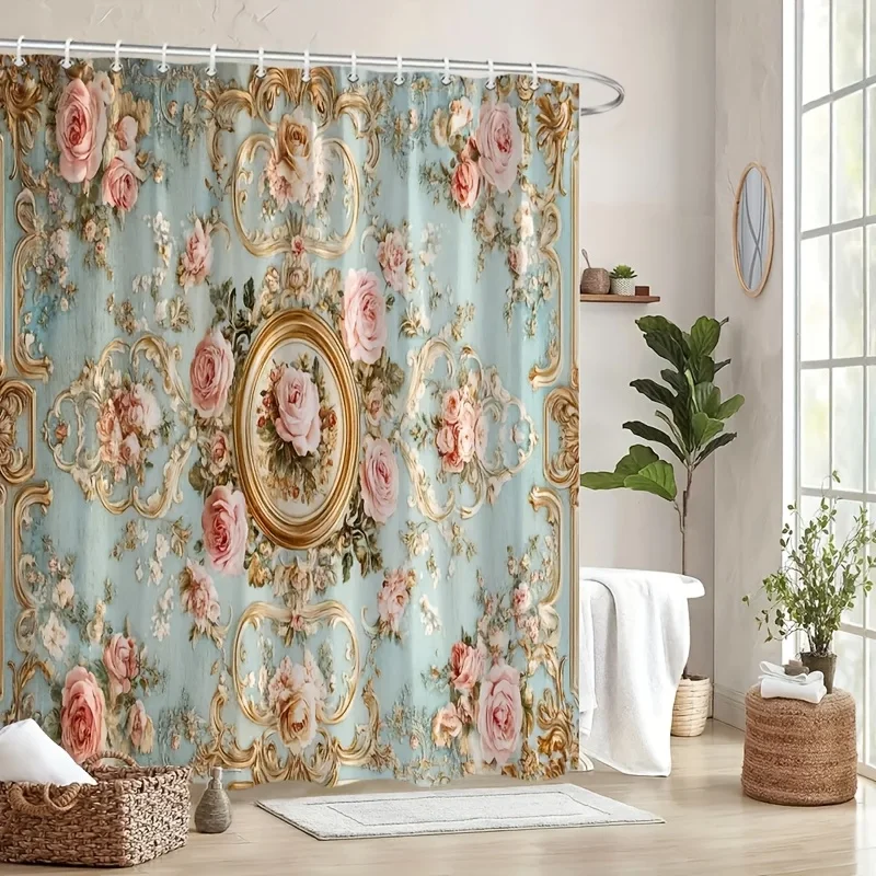 2D Flat, 2D Flat, 1pc Luxurious Vintage European Palace-Themed Shower Curtain with Floral Patterns; Features Golden Carved Decor - view 5