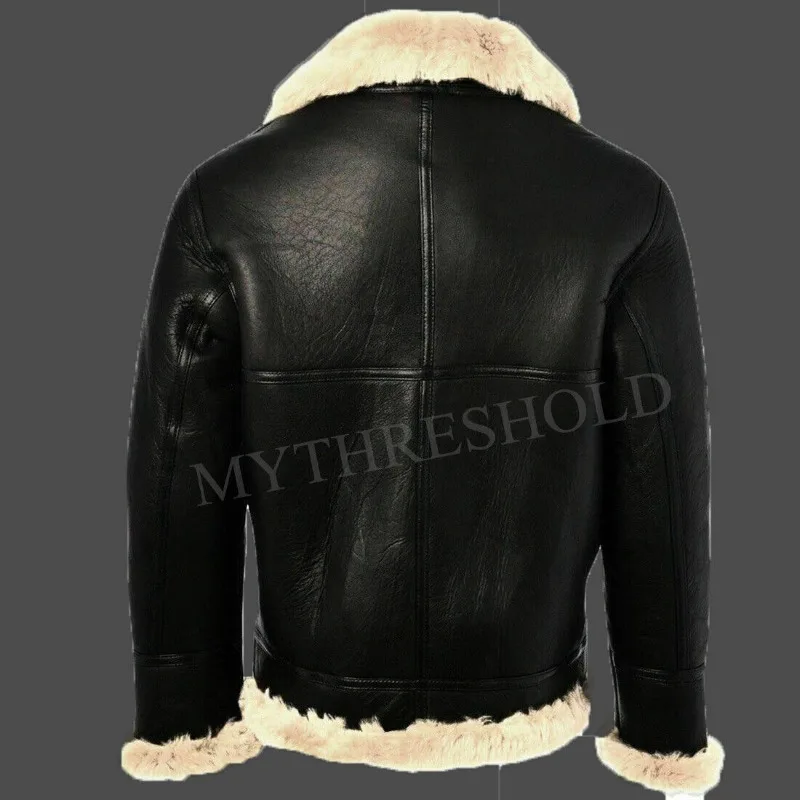 Mens Black Leather Jacket Genuine Sheepskin Aviator Fur Jacket