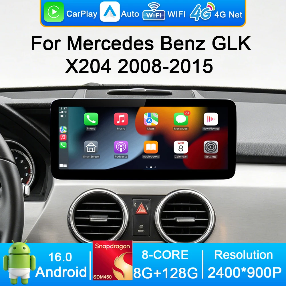 

12,3-дюймовая мультимедийная автомагнитола Android 16 с беспроводным CarPlay для Mercedes Benz GLK X204 2009-2015, сенсорный экран, 4G, Bluetooth, GPS, Wi-Fi