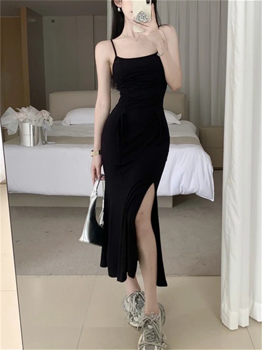 Alien Kitty Black Split Sexy Party Long Dress Chic Summer Office Lady 2023 Prom Solid Mermaid New Slim Elegant OL Slip Vestidos