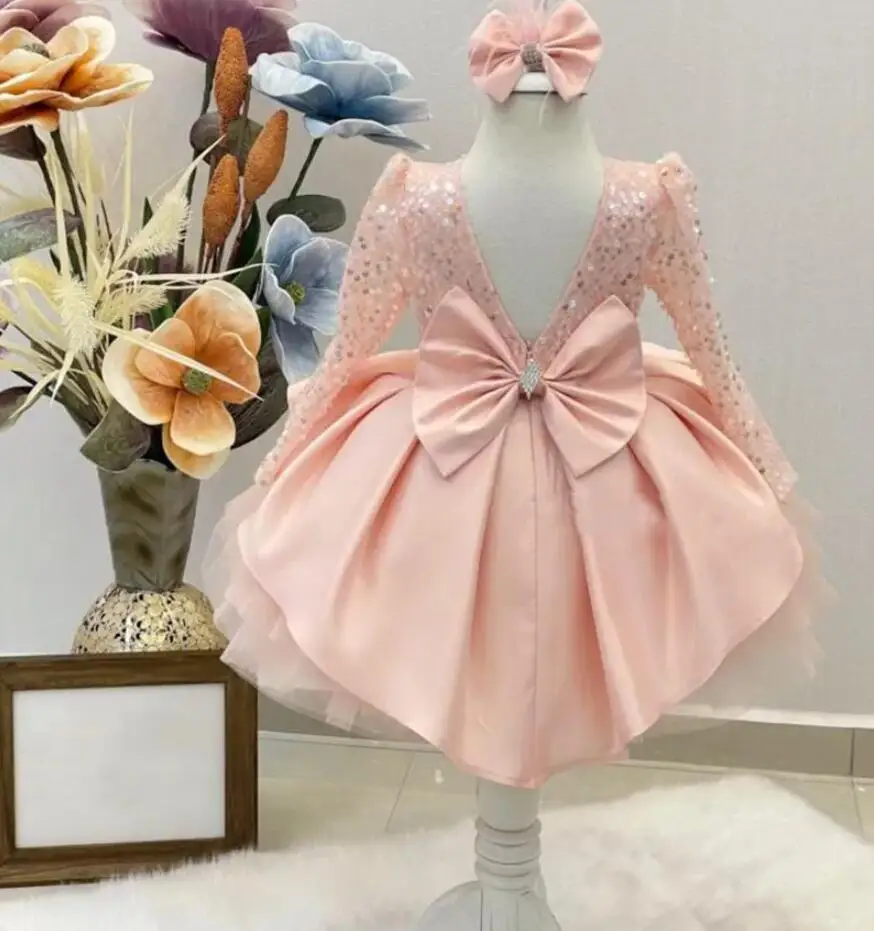 Sequin Big Bow Baby Girl Dress 1st Birthday Party Dress Tutu For Girl Palace Princess Evening Dresses Kid Clothes