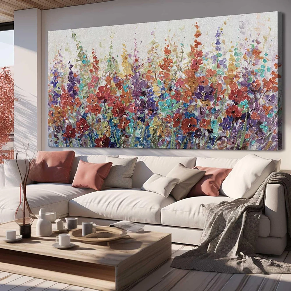 Hand Painted 3D Abstract Wildflower Oil Painting Horizontal Colour Flower Wall Art for Living Room Bedroom Wall Decor Artwork