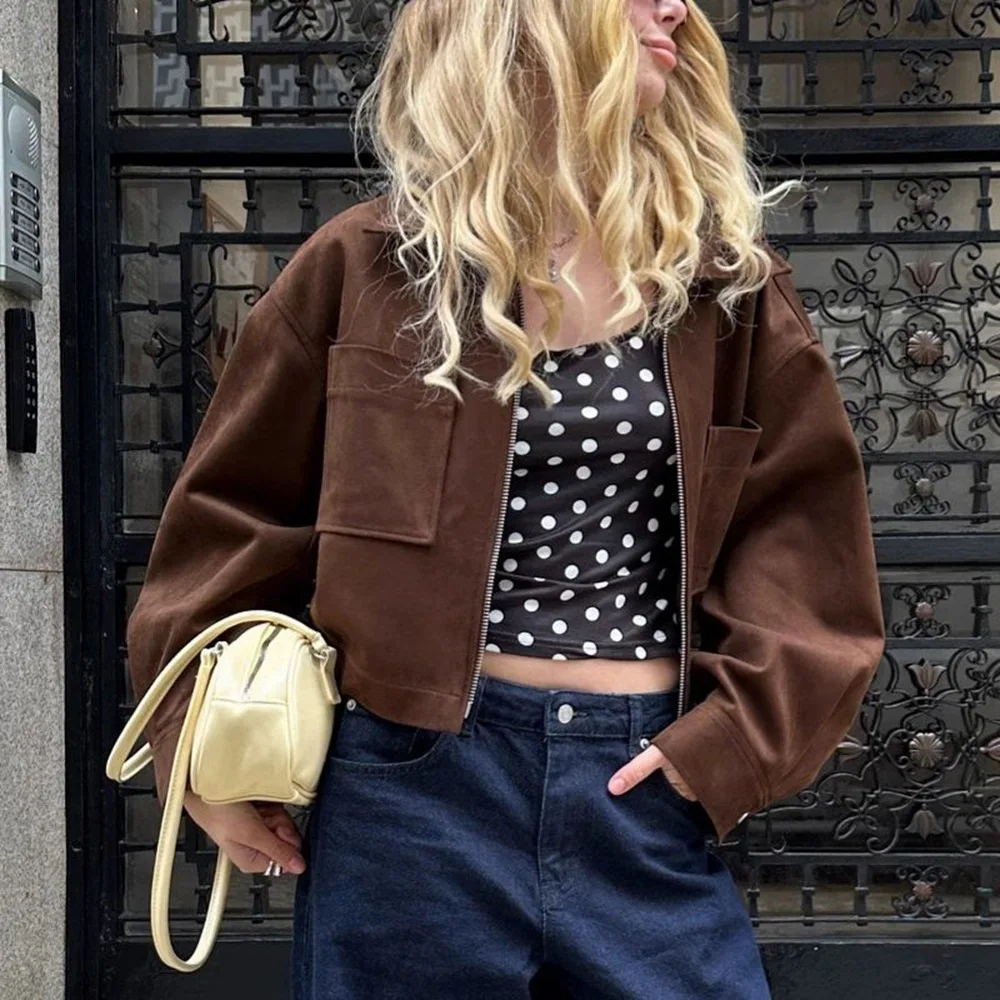 

Винтажная коричневая свободная куртка-бомбер на молнии, женские укороченные пальто с лацканами и карманами и длинными рукавами, уличные повседневные бейсбольные куртки-бомберы