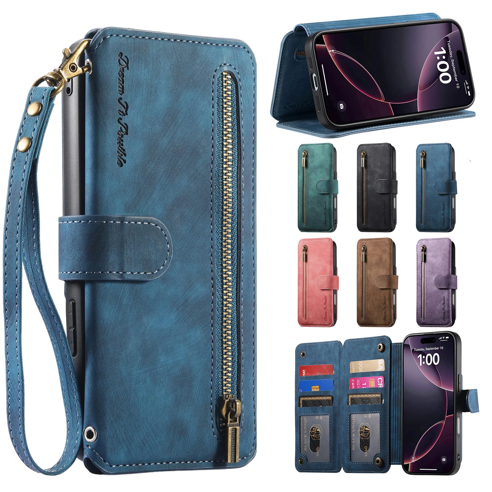 

7 Card Zip Phone Case for OPPO Find X8S X5 Reno 12 13F 10 8 7 6 Pro Plus 8T 8Z 6Z Sunjolly Stand Retro Wallet Case Cover coque