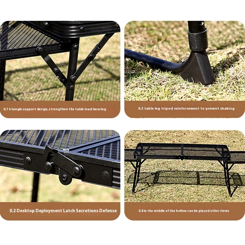 2026 hot sell Outdoor iron mesh folding table, self-driving portable camping can be lifted and extended folding table