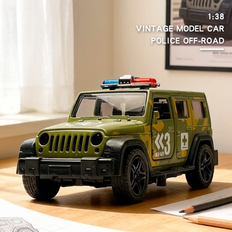 

1:38 Alloy Vintage Diecast Wrangler Police OFF-Road Car Model Classic Pull Back Car Model Miniature Vehicle Replica Collection