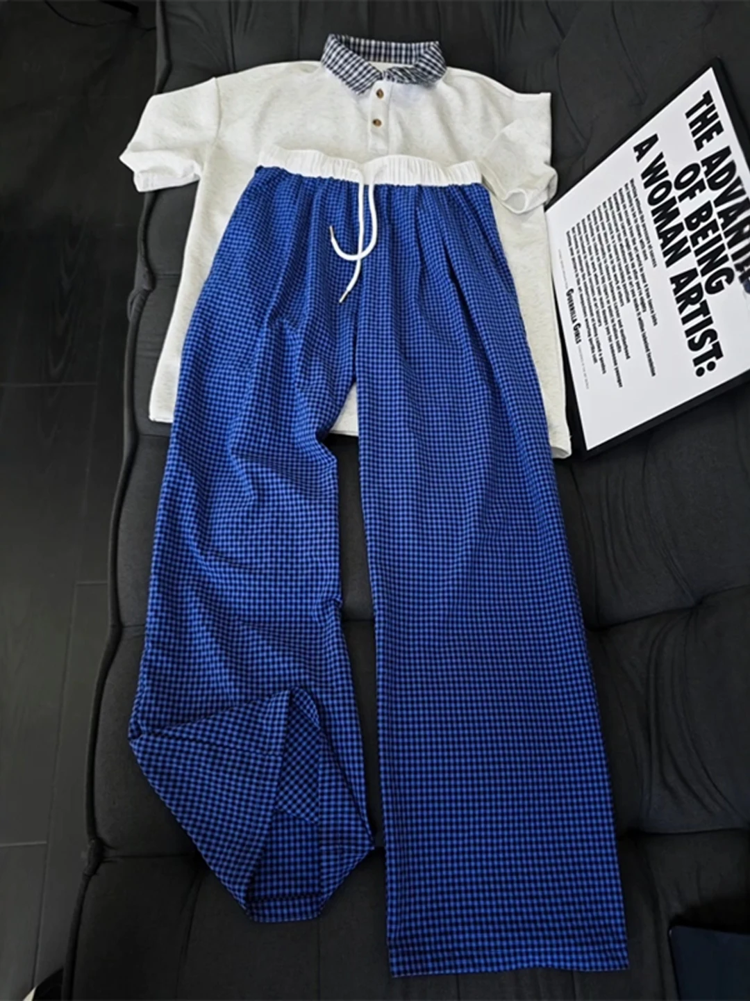 

American Retro Plaid Pants Blue Sports Ice Silk Loose Wide Leg Trousers Men Women Splicing Waist Youthful Casual Faion