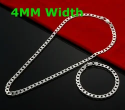 925 sterling Silver 4MM Flat Sideways Chain Bracelet Necklace For Women Man fashion party wedding accessories Jewelry gift