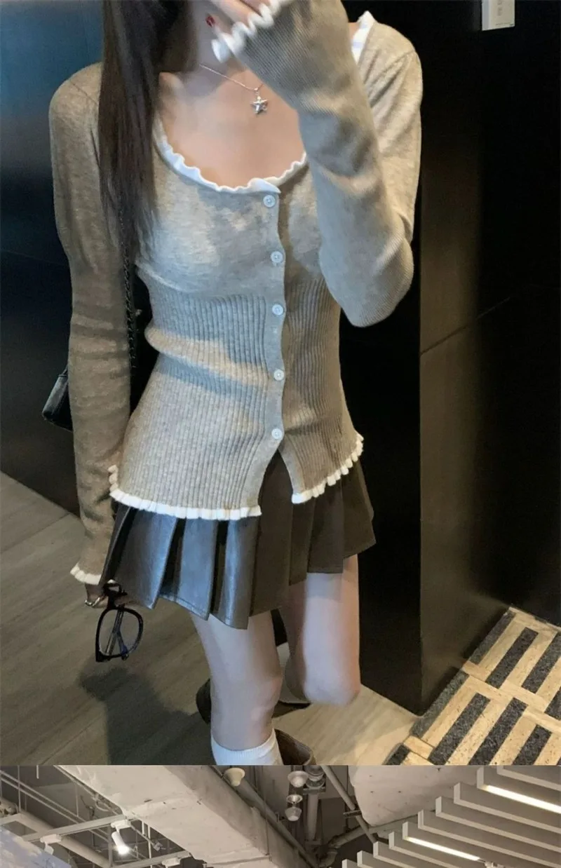 Korean Fashion Long Sleeve Cardigan Tops Autumn Spring Sweater 90s Vintage Knit Mori Girl Square Collar Lace Spliced Knitwears