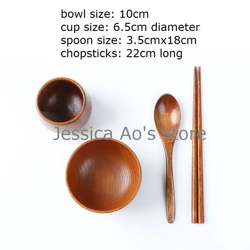Stoviglie in legno giapponesi Ciotola in legno + tazza + cucchiaio + bacchette Set di stoviglie complete da cucina Ciotola di riso in legno Ciotola da zuppa grande