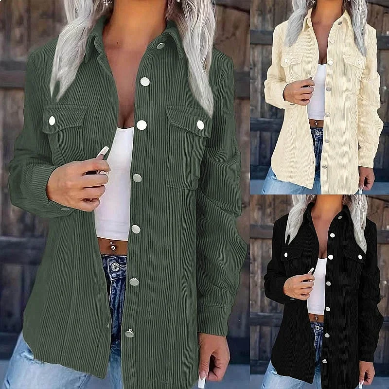 Cardigan Solid Corduroy Lapel Loose Casual Cardigans for Women Spring Summer