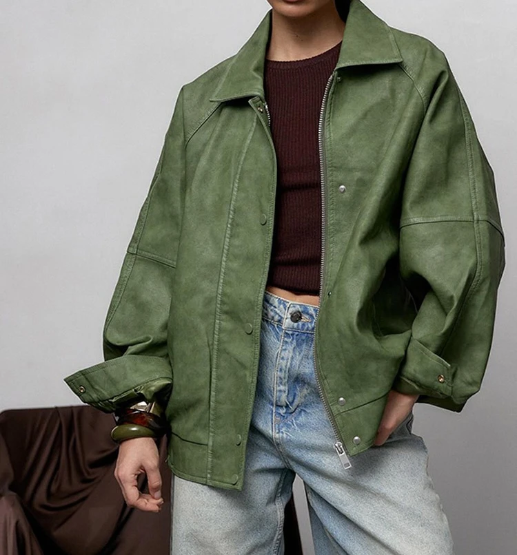 Fashion and Casual Loose Solid Color Leather Jacket, 2025 New Women's Clothing