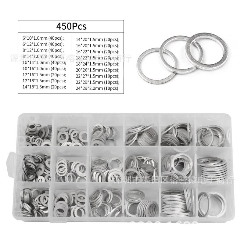 450PCSBoxed Aluminum Gasket Sealing Washer Aluminum Washer High Temperature Resistant Aluminum Flat Washer Combination