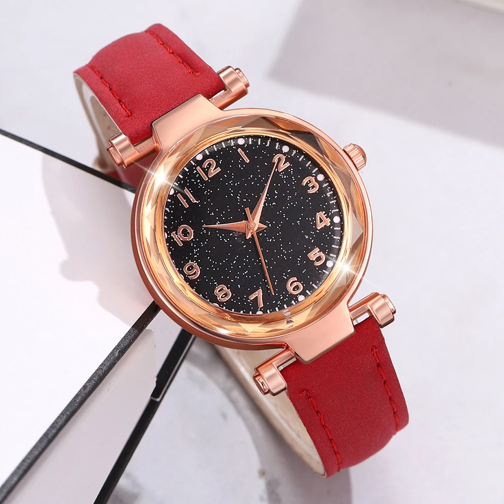 6PCS/Set Red Women\'s Watch With Minimalist Elements Dial Quartz Watch Latex Strap Cherry Elements Jewelry Set Girl\'s Gift