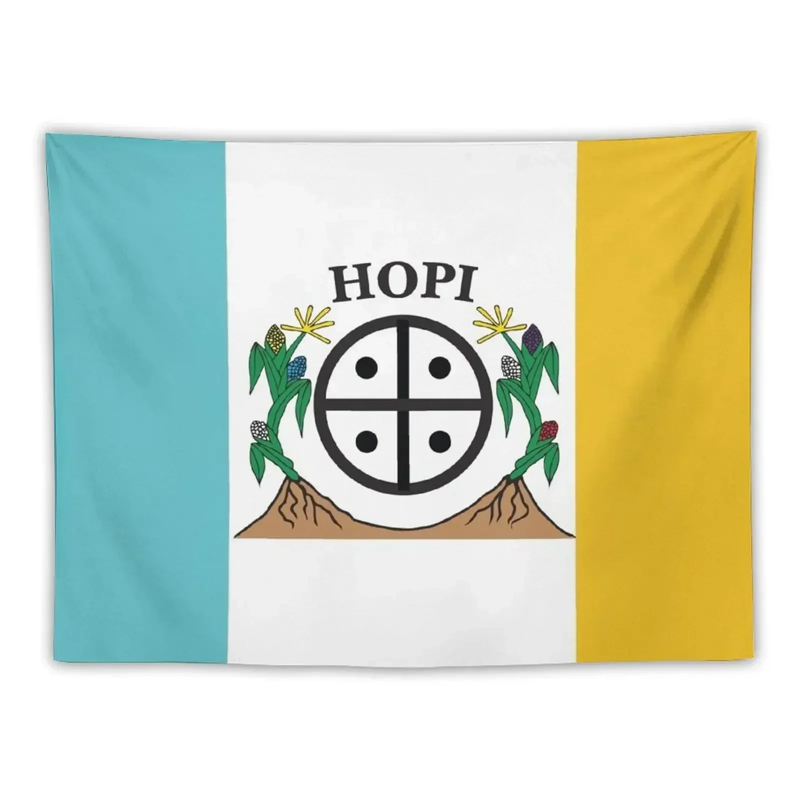 Флаг нации Hopi Naatoyla, трехцветный, белый, желтый, бирюзовый, с кукурузой и символом Hopi HD, гобелен высокого качества