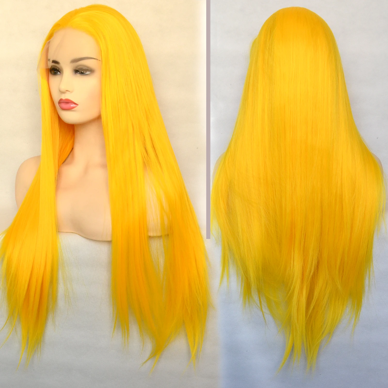 Voguebeauty Yellow Long Straight  T-Lace Front Wig Synthetic Heat Resistant Fiber Hair for Women Cosplay Daily wear