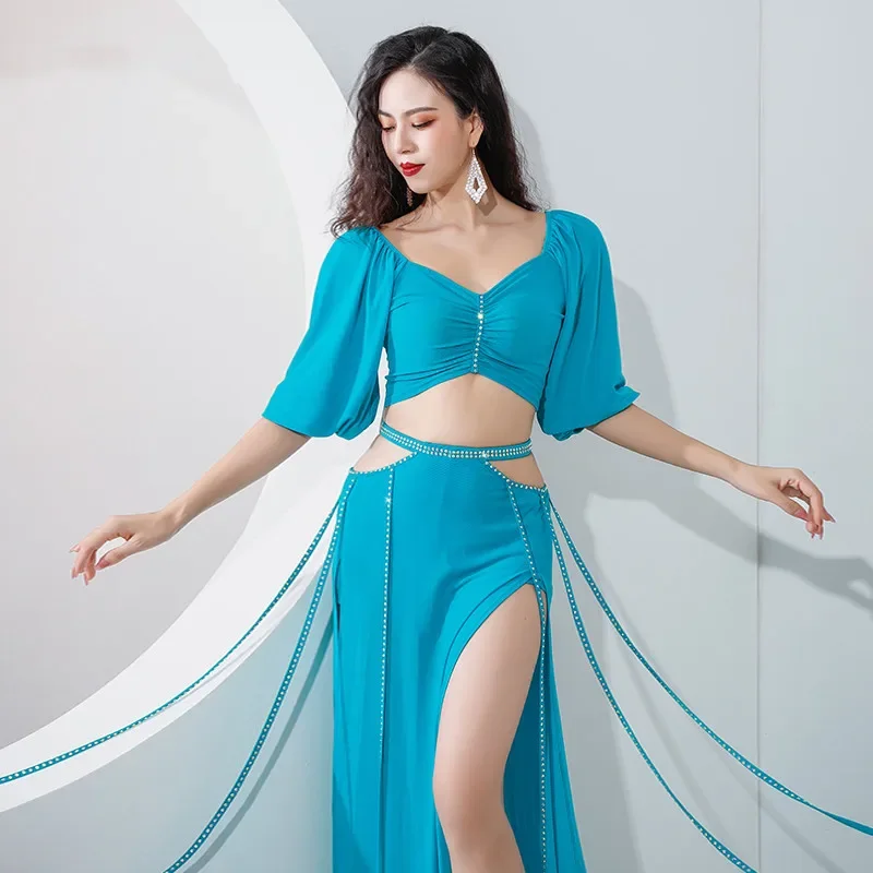 

Sexy Women Bellydance Costume Shine Water Yarn Side Slit Long Skirt Oriental Dance Performance Show Clothes French Ruffle Sleeve