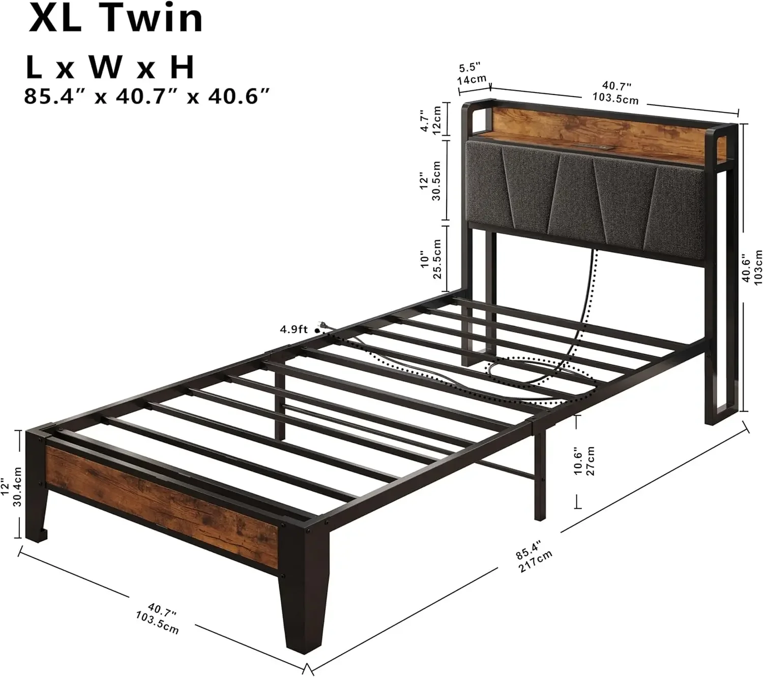 Twin XL Bed Frames, Storage Headboard with Charging Station, Solid and Stable, Noise Free, No Box Spring Needed, Easy