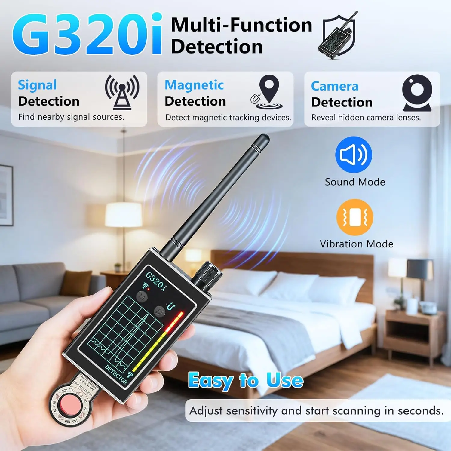 Anti Spy Camera Detector, RF Signal Scanner Laser for GSM Trackers, Wireless Bugs Pinhole Cameras Detector, Home Business Secur