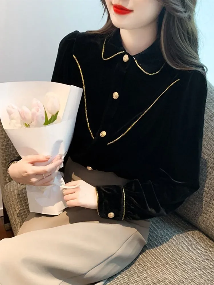 Elegant Women Shirt With Peter Pan Collar And Gold Trim Detail For Office Wear In Autumn Winter Season