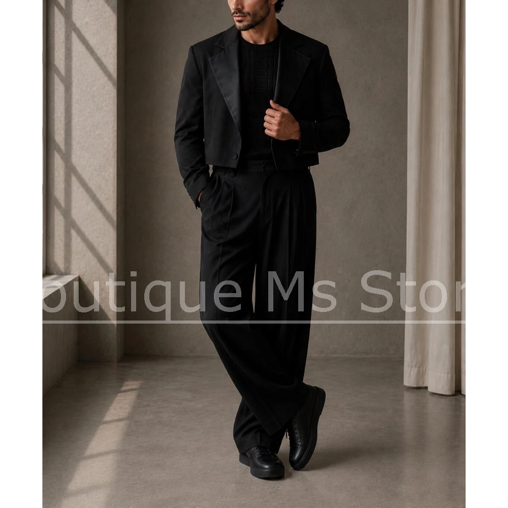 Men Cropped Tuxedo 2 Piece Suit Satin Peak Lapel One Button Outfit Fashion Streetwear Wedding Groom Party Formal Casual Wear