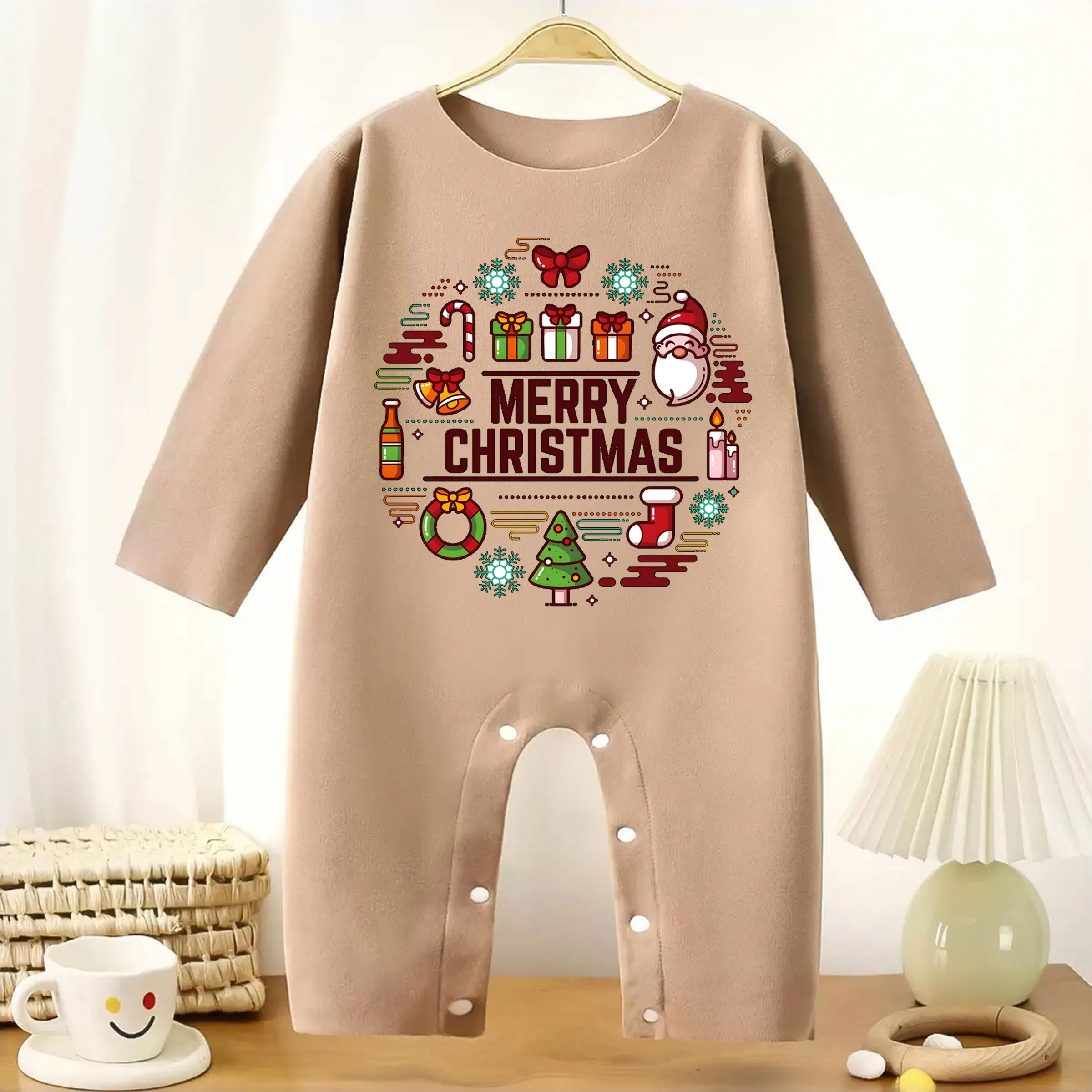 

MINISO с Рождеством и длинными рукавами, детское теплое боди с милым принтом, комбинезон для высоты 60-90 см, удобный комбинезон из детской ткани