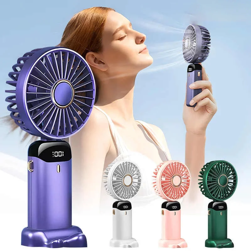 Portable Handheld USB Mini Fan Foldable Neck Hanging Fans 5 Speed Usb Rechargeable Fan With Desk Phone Stand And Display Screen