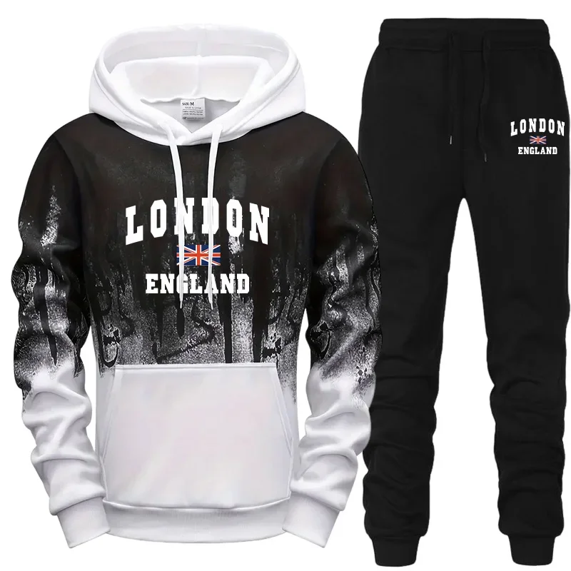 Hot Sales Men Tracksuit Casual Printed Splash-ink Hooded Sweatshirts Daily Sports Jogging Men's Clothing Single Piece Tops Pants