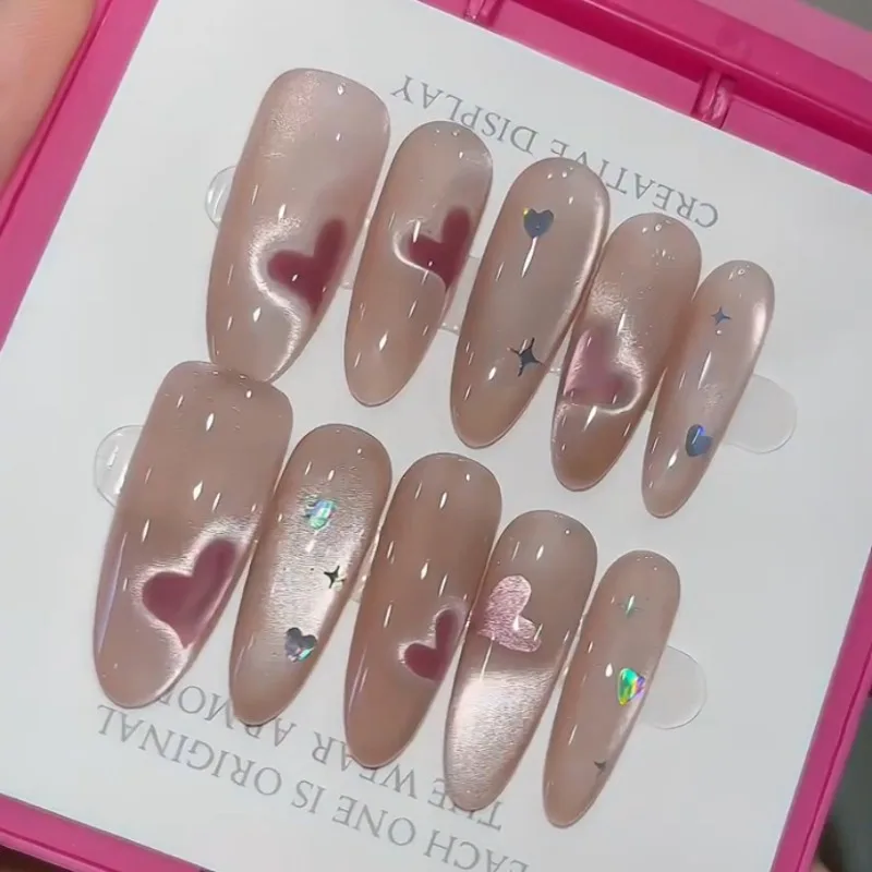 Handmade Self-adhesive Press Nails Love Heart Cat Eyes Nail Tips Sweet Cute False Nails Long Press on Nails with Box and Tools