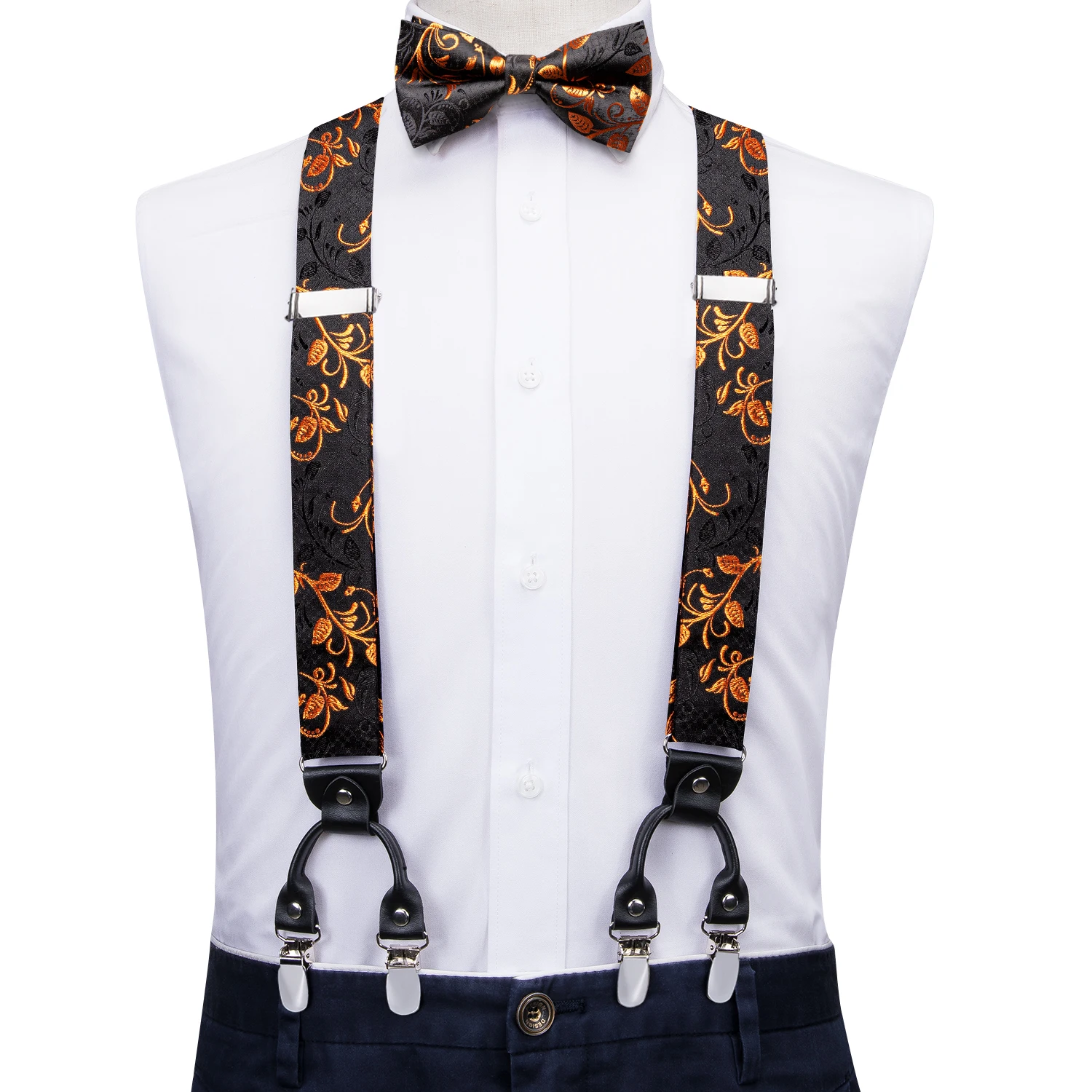 Hi-Tie Jacquard Black Gold Vine Mens Suspenders Bowtie Hanky Cufflinks Set Adjustable 6 Clips Y Back Braces for Male Gift
