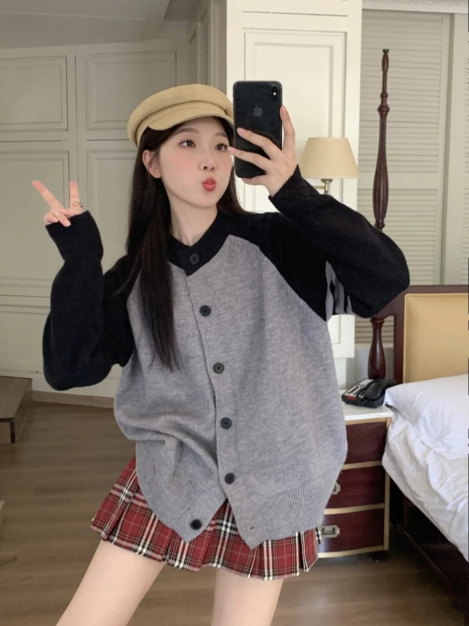 

plus Size Korean Sle College Faion Color Blo oulder Sve Knitted Outerwear Women's Belly Concealing Slimming Trendy...