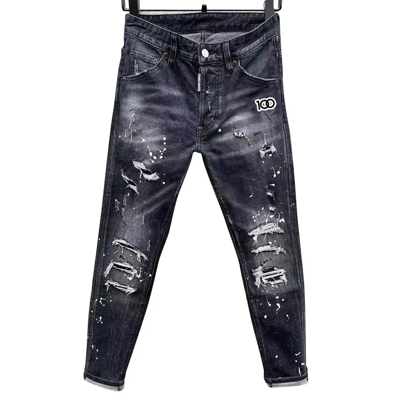 Men's Jeans chreiharper 100 c051Hipster Wash worn holes patch paint embroidery hand stitched small fits all season men's pants