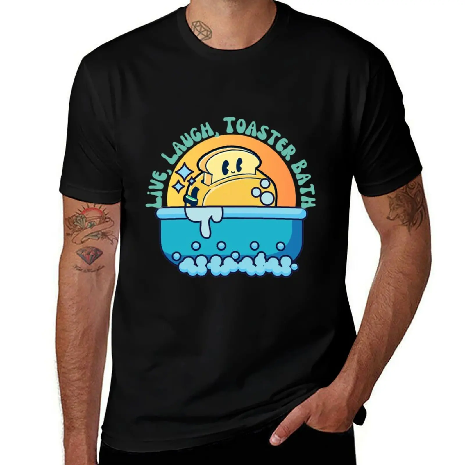 Live, Laugh, Toaster Bath with Dark Background T-Shirt Daily Work Short Sleeve Top T-Shirt