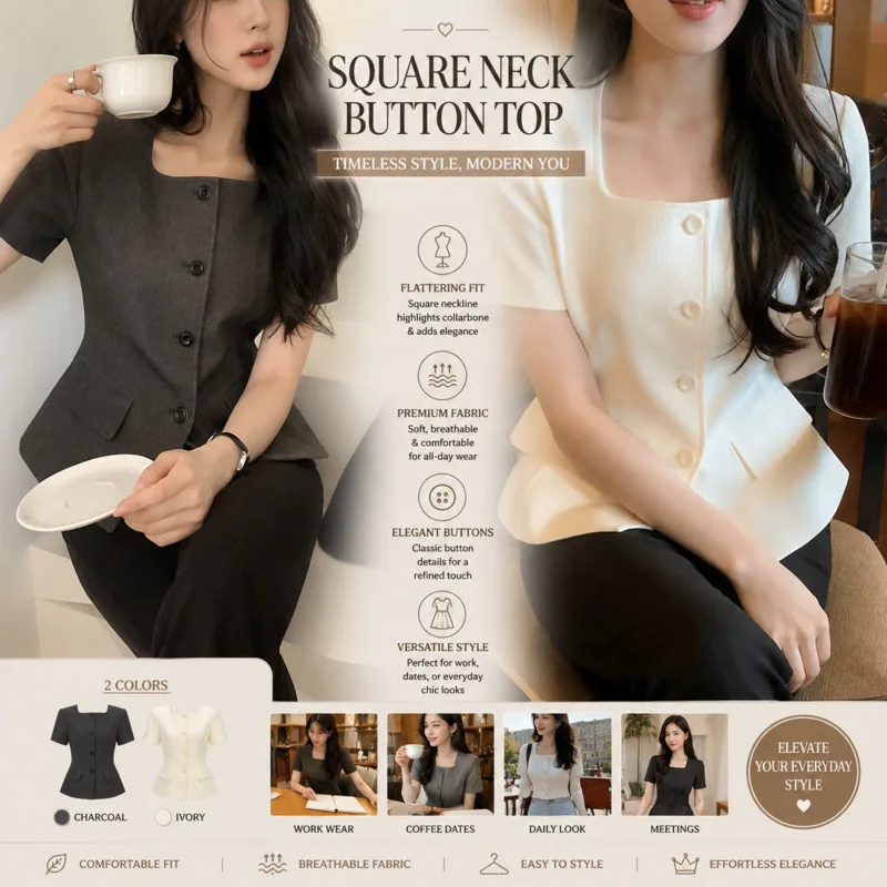 

Korean Style T-shirt For Women Casual Vintage Grey Square Neck Waist Cinching Short Sleeve Blouse Office Commute Daily Wear New