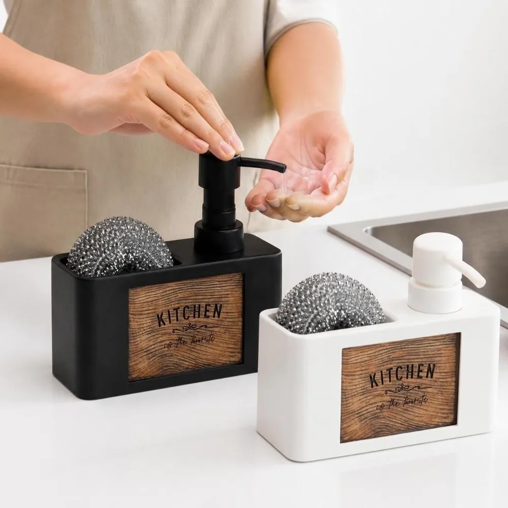 Press Type Kitchen Soap Dispenser Refillable with Sponge Holder Manual Soap Pump Wood Grain Bathroom Hand Wash Bottle
