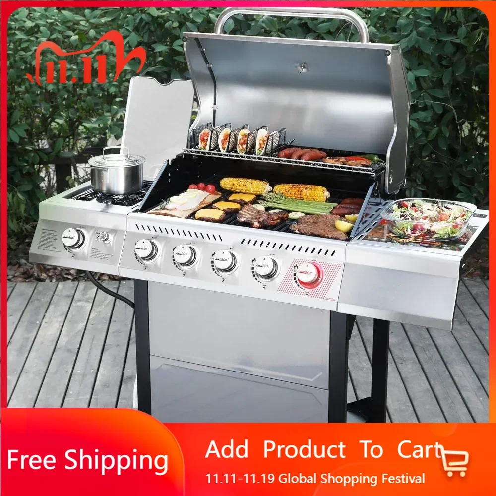 5-Burner BBQ Propane Grill, Stainless Steel Barbecue Gas Grill for Outdoor Patio Garden Picnic Backyard Cooking, 64,000 BTU