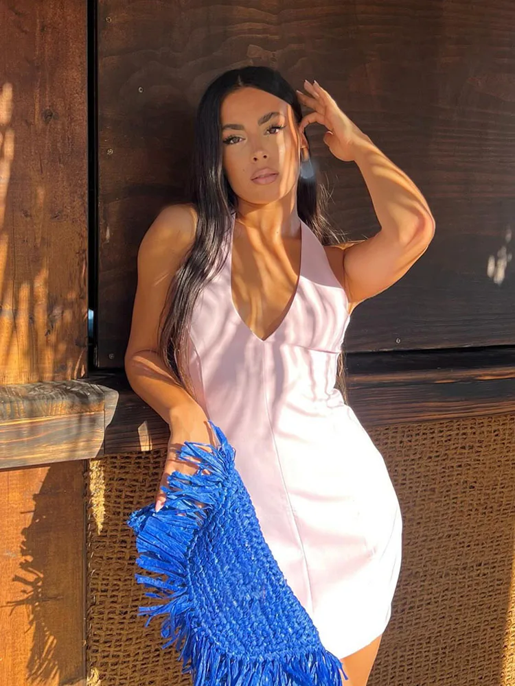 HH Women\'s New Fashion Dresses Solid V-Neck Sleeveless Backless Sexy Mini Dress Female Summer Beach Style Dress 3 Color