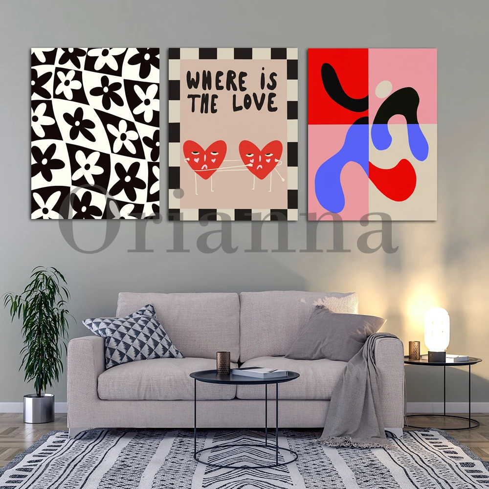 Hearts Hugging Black White Flower Checkered Abstract Figure Boho Wall Art Canvas Print Posters Modern Living Room Decor Painting