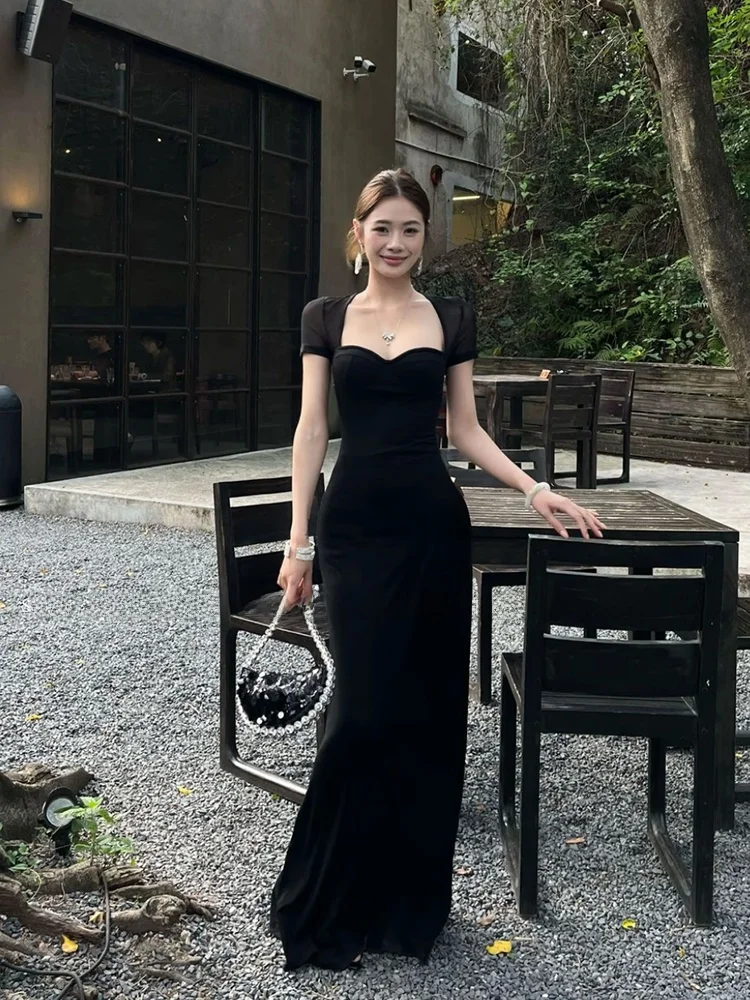 

Elegant Black Square Collar Fish Tail Dress Summer Women's plus Size Hepburn Style Dress Stylish Slimming Long Gown
