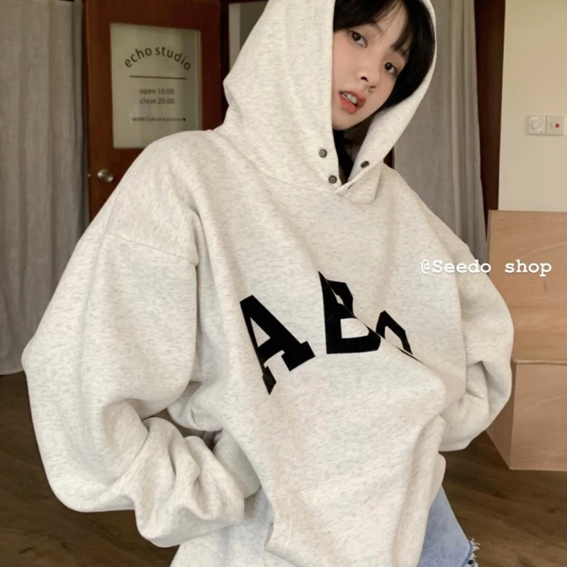 Streetwear Long Sleeve Pullover Hooded Sweatshirt Fleece Oversized Womens Hoodie Vintage ABC Graphic Essentials Hoodie For Women