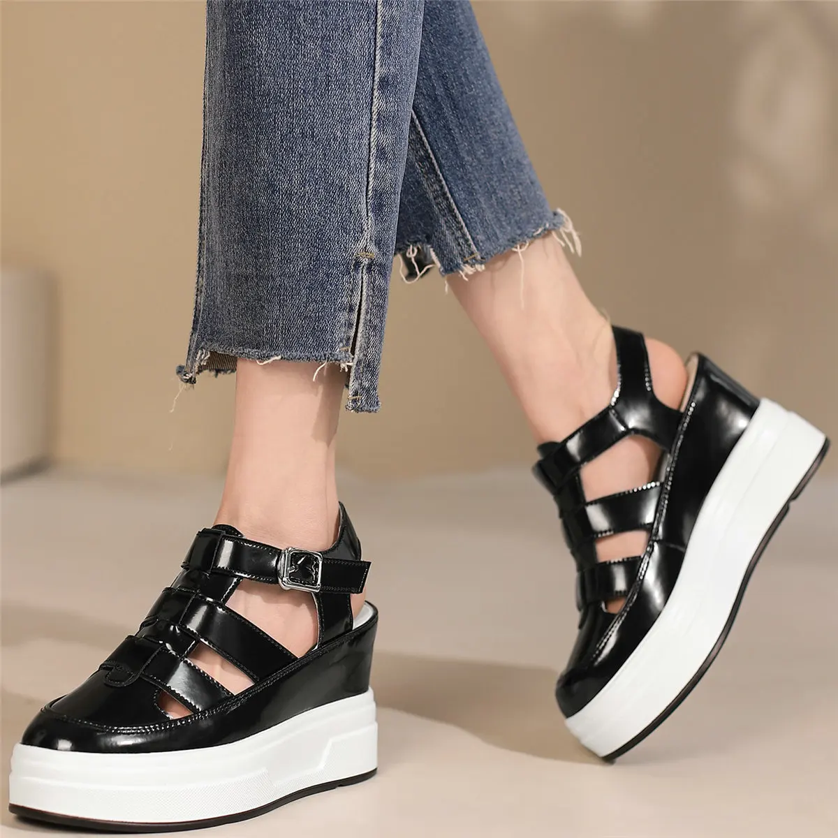 Platform Wedges Pumps Shoes Women Back Strap Cow Leather High Heel Gladiator Sandals Female Summer Fashion Sneakers Casual Shoes