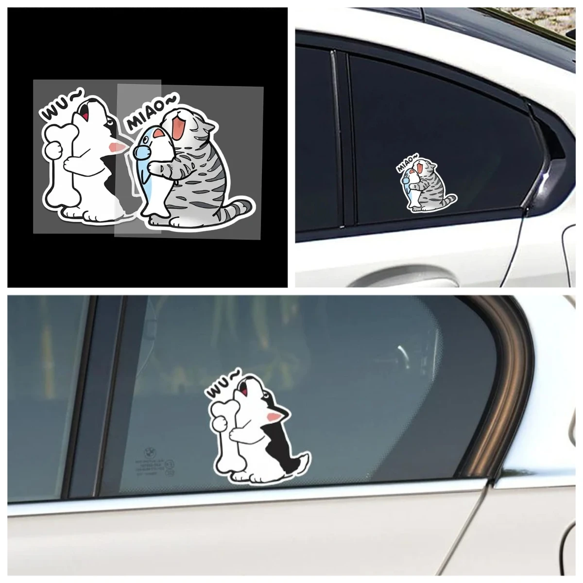 

Cute Cartoon Cat Hugging Fish and Husky with Bone Car Sticker Vinyl Waterproof Decal for Car Window Helmet Automotive Decor