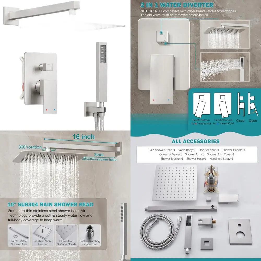 

10 Rainfall & Handheld Shower Set with Wall Mount, Brushed Nickel Finish, Includes Valve & Trim