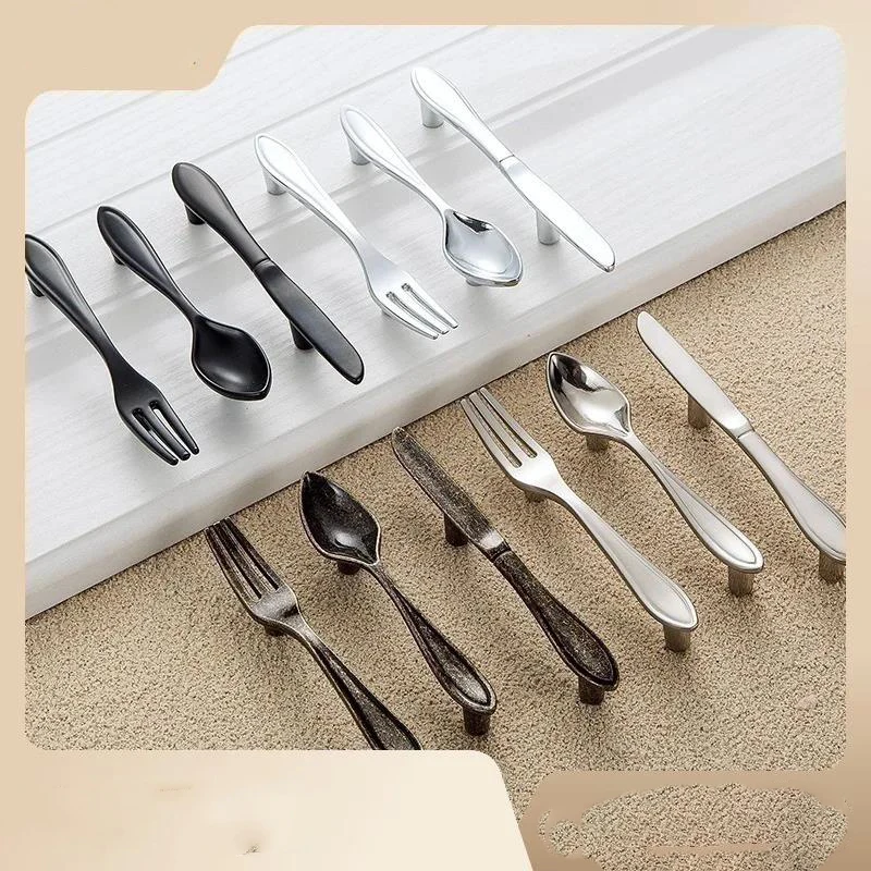 Zinc Alloy Creative Spoon Fork Knife Kitchen Cabinet Closet Furniture Door Knob Cabinet Pull Drawer Handles Cabinet Knob