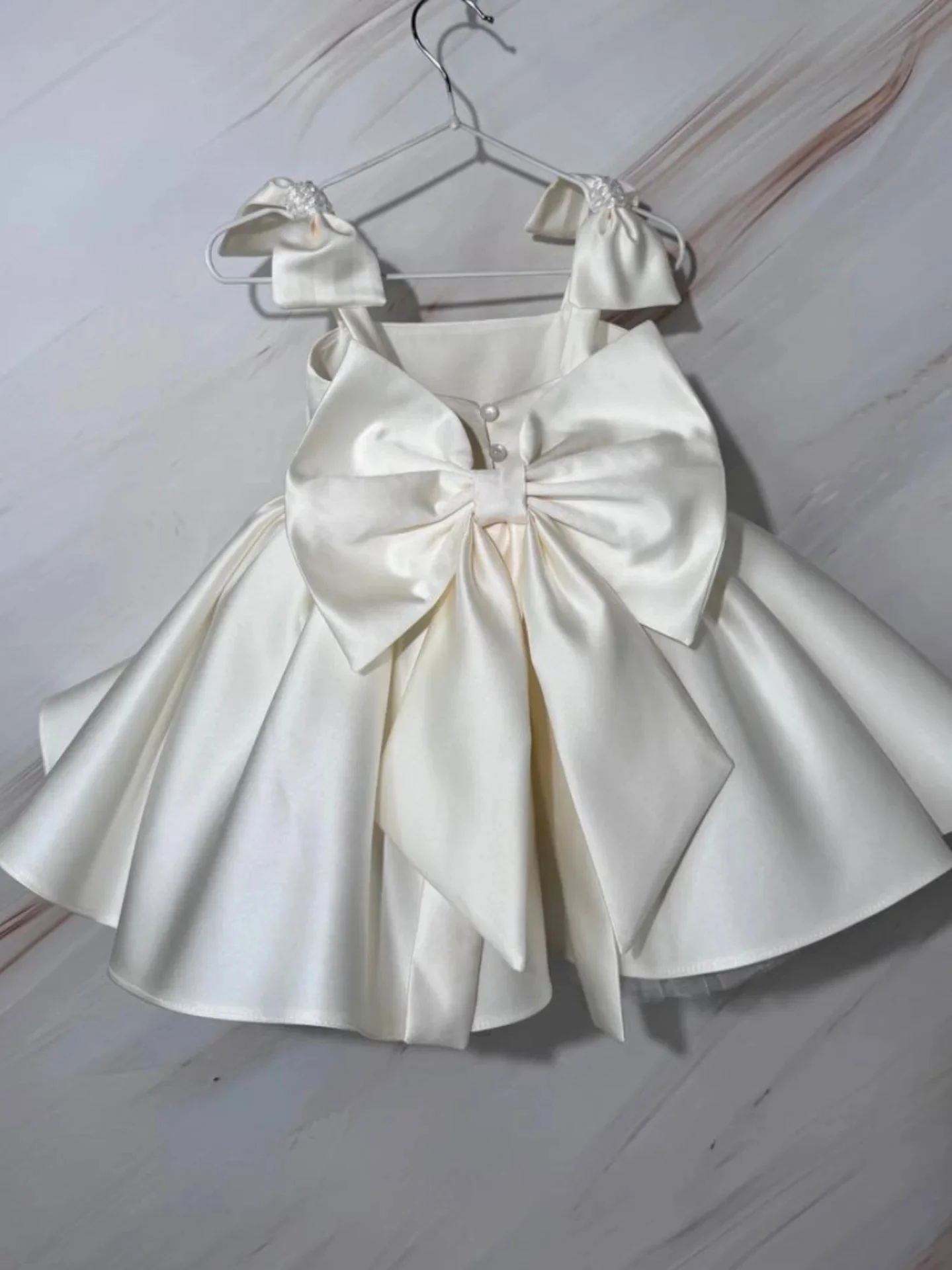 White Halter Gala Dress for Girls Satin Birthday Party Ball Gowns Bows Girls Party Dress Short Flower Girl Dress for Wedding